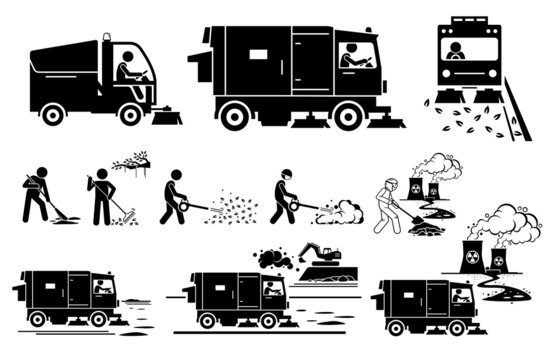Street sweeper truck and worker collecting dirt, dusty, leaves, toxic waste on road side. Vector illustrations of people sweeping street and road with sweeper truck and other manual work methods.