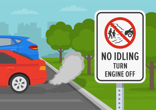 Outdoor parking rules. Close-up view of a "No idling, turn engine off" road or traffic sign. Idle-free zone. Flat vector illustration template.
