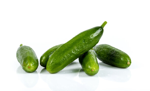 Freshly harvested mini cucumber on isolated white background