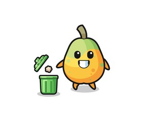 illustration of the papaya throwing garbage in the trash can