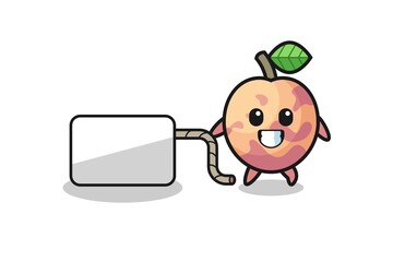 pluot fruit cartoon is pulling a banner