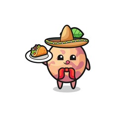 pluot fruit Mexican chef mascot holding a taco