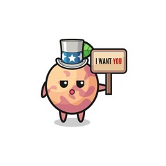 pluot fruit cartoon as uncle Sam holding the banner I want you