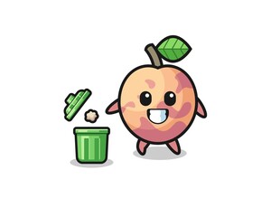 illustration of the pluot fruit throwing garbage in the trash can