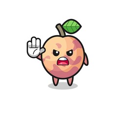 pluot fruit character doing stop gesture