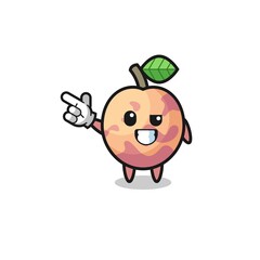 pluot fruit mascot pointing top left