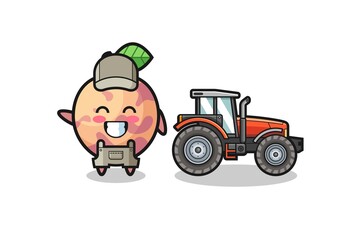 the pluot fruit farmer mascot standing beside a tractor