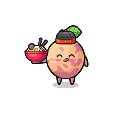 pluot fruit as Chinese chef mascot holding a noodle bowl