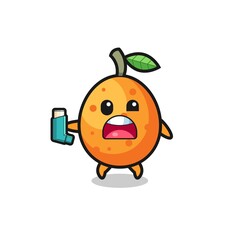 kumquat mascot having asthma while holding the inhaler