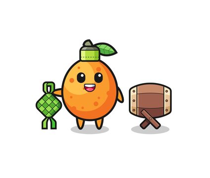 orange fruit cartoon holding ketupat and drum clip art preview