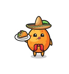 kumquat Mexican chef mascot holding a taco