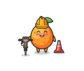 road worker mascot of kumquat holding drill machine