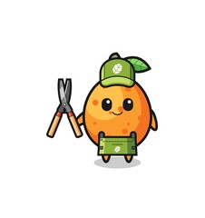 cute kumquat as gardener mascot