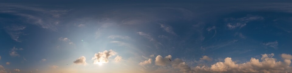 Blue sky panorama with Cirrus clouds in Seamless spherical equirectangular format. Full zenith for use in 3D graphics, game and editing aerial drone 360 degree panoramas for sky replacement.