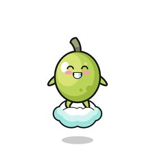 cute olive illustration riding a floating cloud