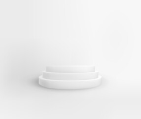 White three-stage round podium. Vector illustration of pedestal isolated on white background. Mockup empty base for product presentation, present, first place trophy, award ceremony.