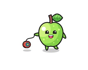 cartoon of cute green apple playing a yoyo
