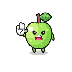 green apple character doing stop gesture