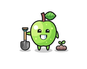 cute green apple cartoon is planting a tree seed