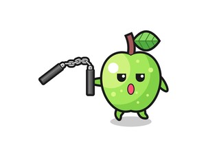 cartoon of green apple using nunchaku