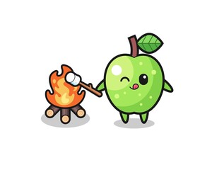 green apple character is burning marshmallow