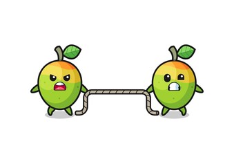 cute mango character is playing tug of war game