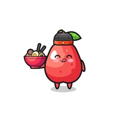 water apple as Chinese chef mascot holding a noodle bowl