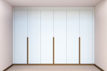 3D rendering. Large modern wardrobe design without handles in light interior. Solid wood accents. White matte furniture. 