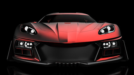 3D realistic illustration. Muscle red car rendering isolated on black background. Modern futuristic sport car. Front view of the race car with the lights on.