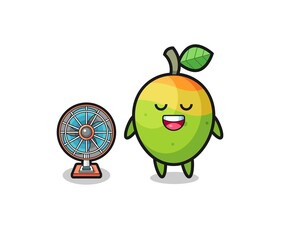 cute mango is standing in front of the fan