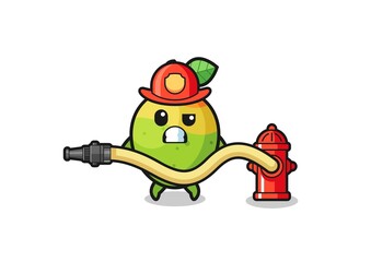 mango cartoon as firefighter mascot with water hose