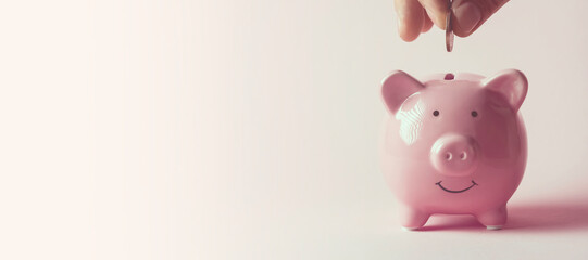 Hand puts a coin in a piggy bank.