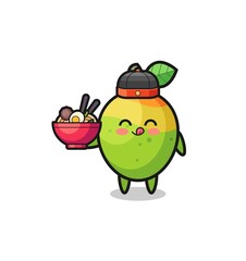 mango as Chinese chef mascot holding a noodle bowl