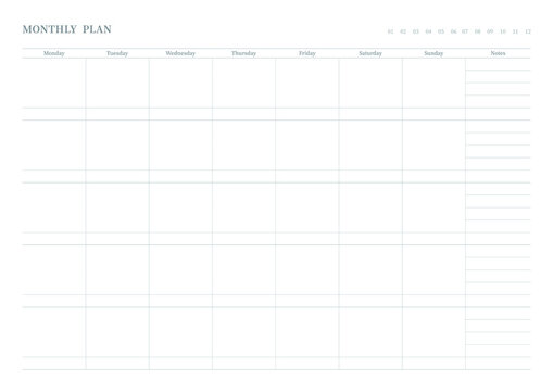 Note, scheduler, diary, calendar planner document template illustration. Monthly plan form.