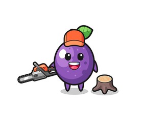 passion fruit lumberjack character holding a chainsaw