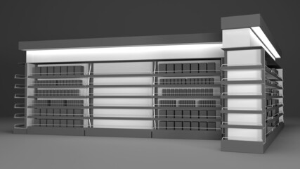 Supermarket shelf gondola display with end cap display stand 3d rendering © Asad