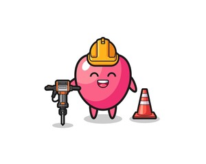 road worker mascot of heart symbol holding drill machine