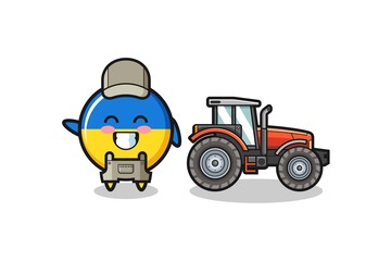 the ukraine flag farmer mascot standing beside a tractor