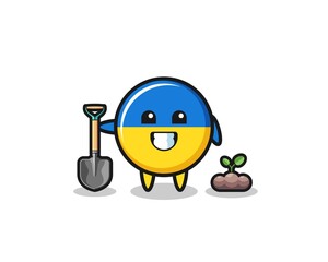 cute ukraine flag cartoon is planting a tree seed