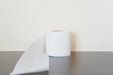 Soft, white toilet paper roll on light gray background. Hygiene concept