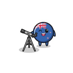 new zealand astronomer mascot with a modern telescope