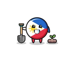 Fototapeta na wymiar cute philippines flag cartoon is planting a tree seed