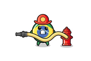 brazil flag cartoon as firefighter mascot with water hose