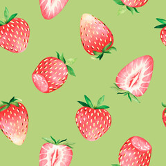 Seamless strawberry pattern. Watercolor illustration. Isolated on a greenbackground. For design.