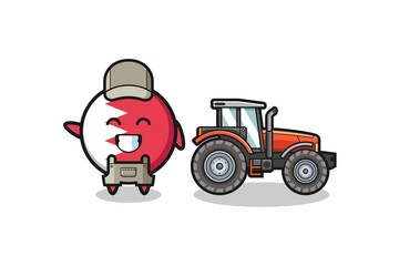 the bahrain flag farmer mascot standing beside a tractor