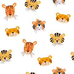 Tiger cubs muzzles seamless pattern. Colorful background with funny animal faces. Perfect for printing on fabric, clothing, wrapping paper, wallpaper, baby things. Vector illustration.