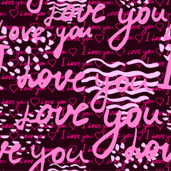 Seamless pattern, text I love you, hand written words, pink hearts. Sketch, doodle, lettering, happy valentines day. Vector illustration black background