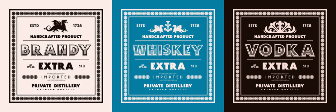 Set Of Template Decorative Label For Brandy, Whiskey, Vodka