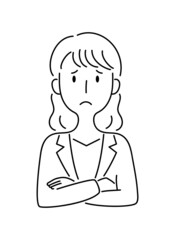 手描き風・腕を組んで困った顔をする女性のベクターイラスト