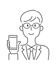 手描き風・スマートフォンの画面を見せる笑顔の男性のベクターイラスト